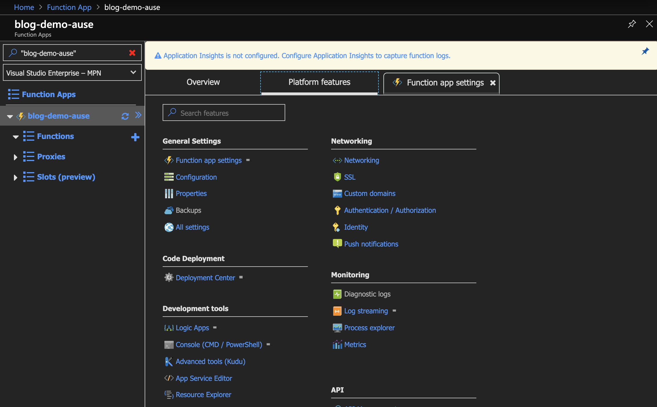 Screenshot of the Azure Function's Platform Features tab