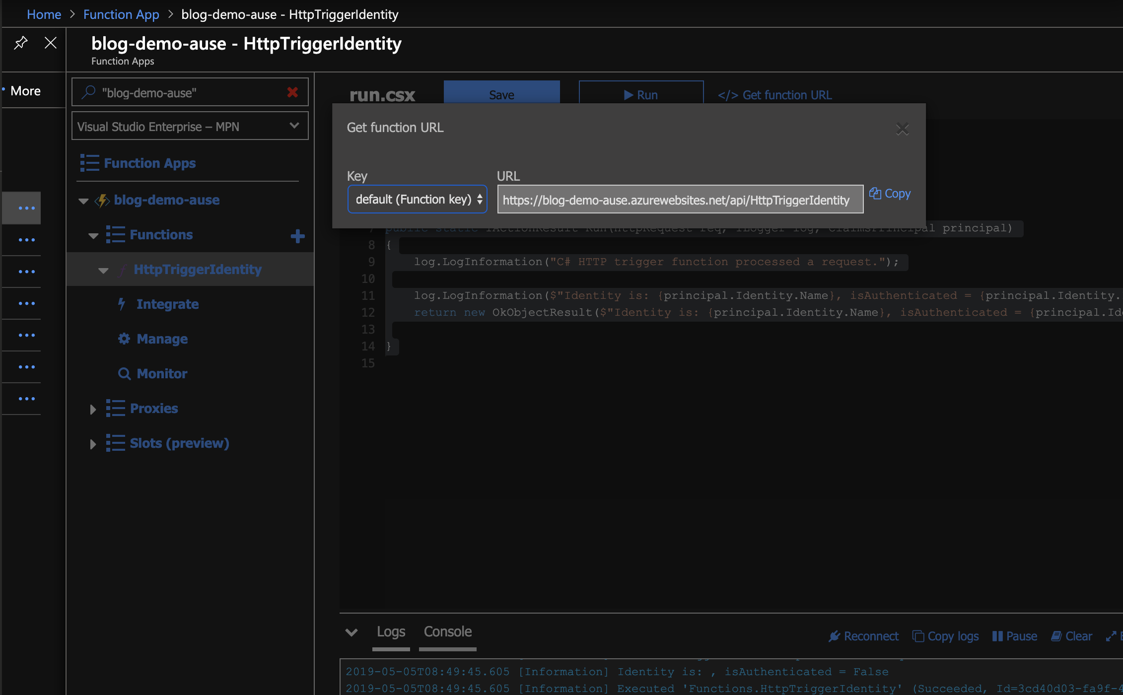 Screenshot of the HttpTrigger's Function URL window
