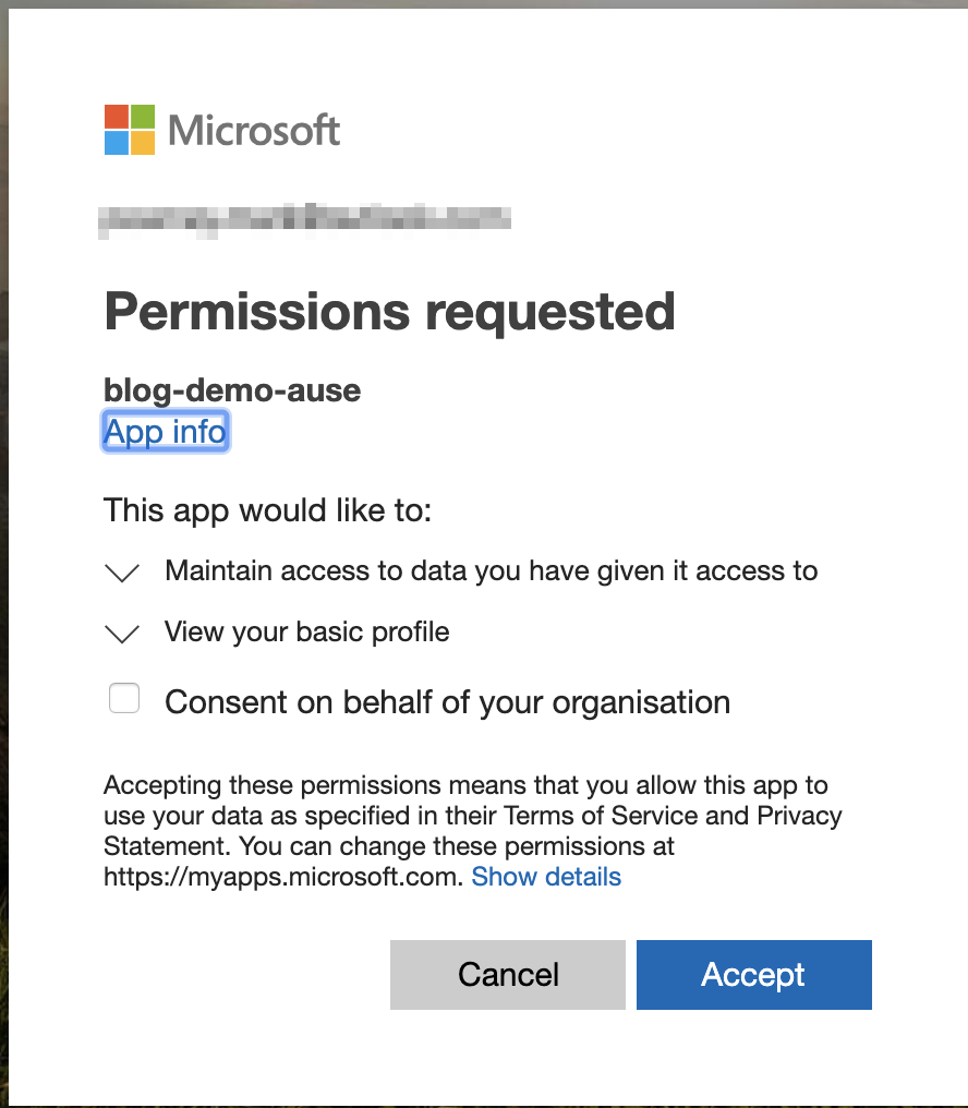 Screenshot of the Azure Active Directory authentication consent screen