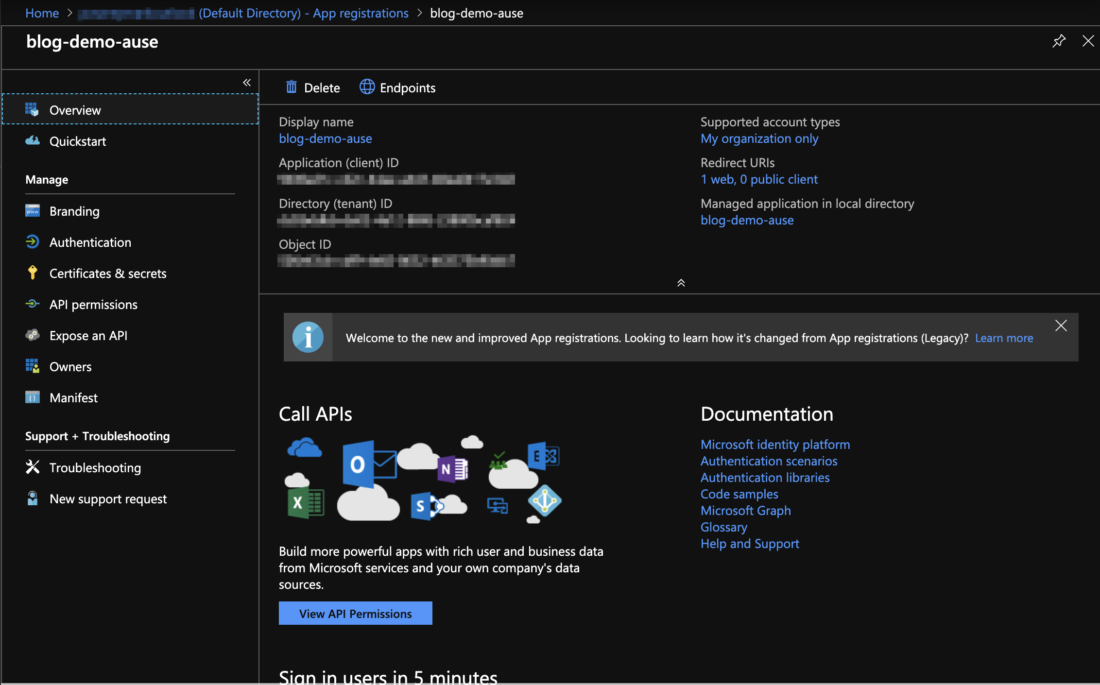 Screenshot of the Azure Active Directory Application