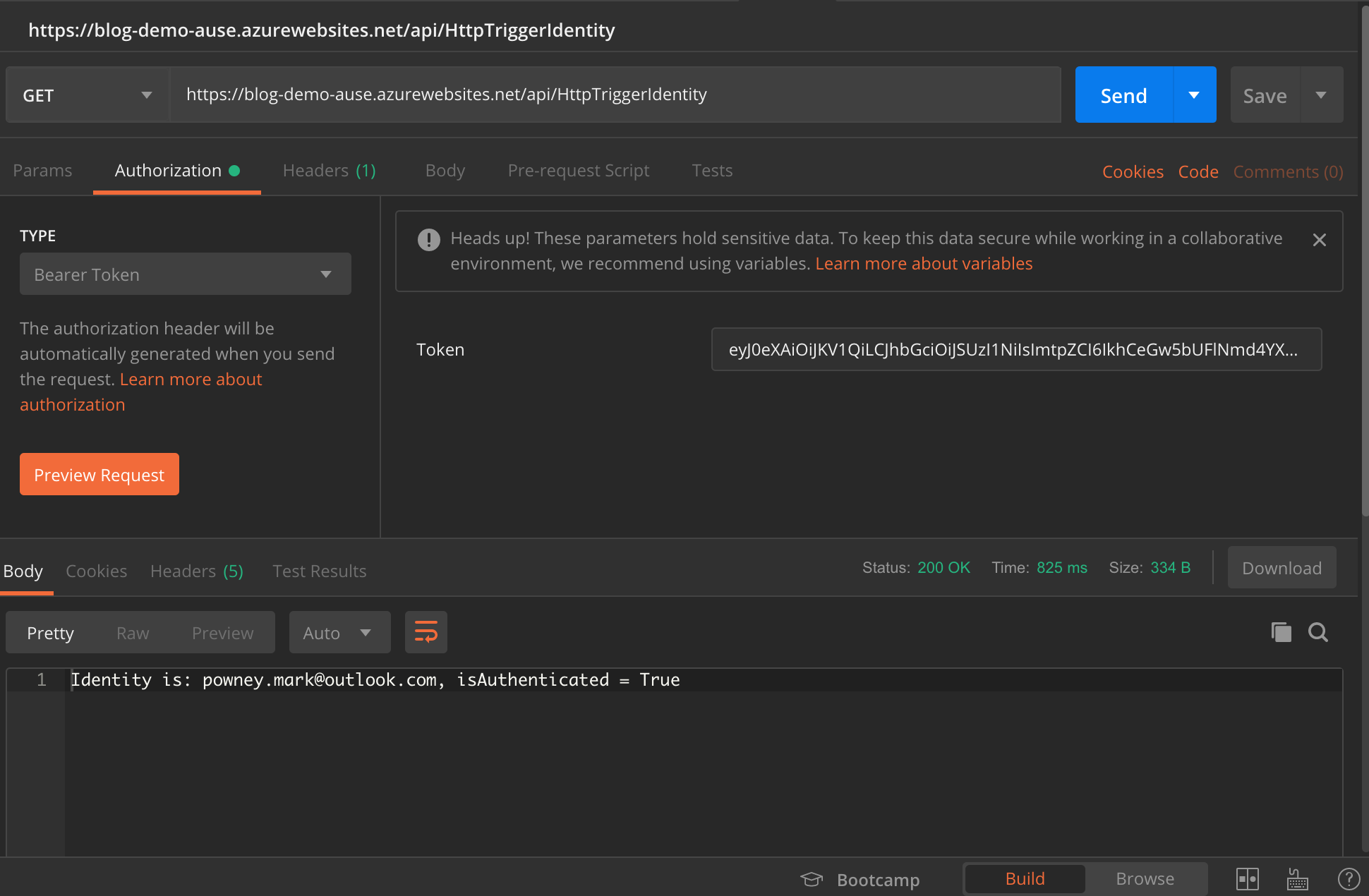 Screenshot of the Bearer token authenticated request being performed in Postman